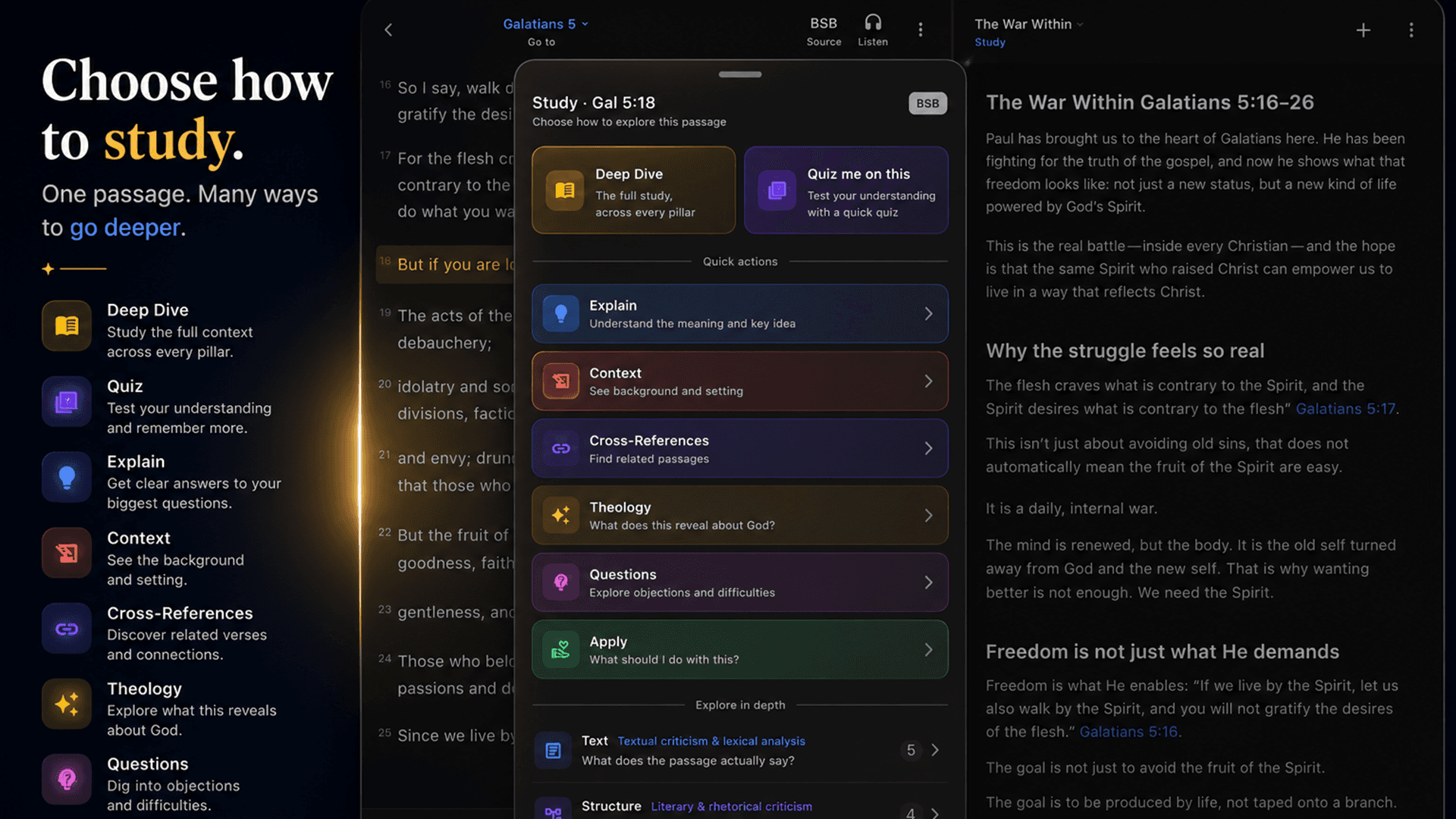 Clarity study menu showing Deep Dive, Explain, Context, Cross-References, Theology, Questions, and Apply