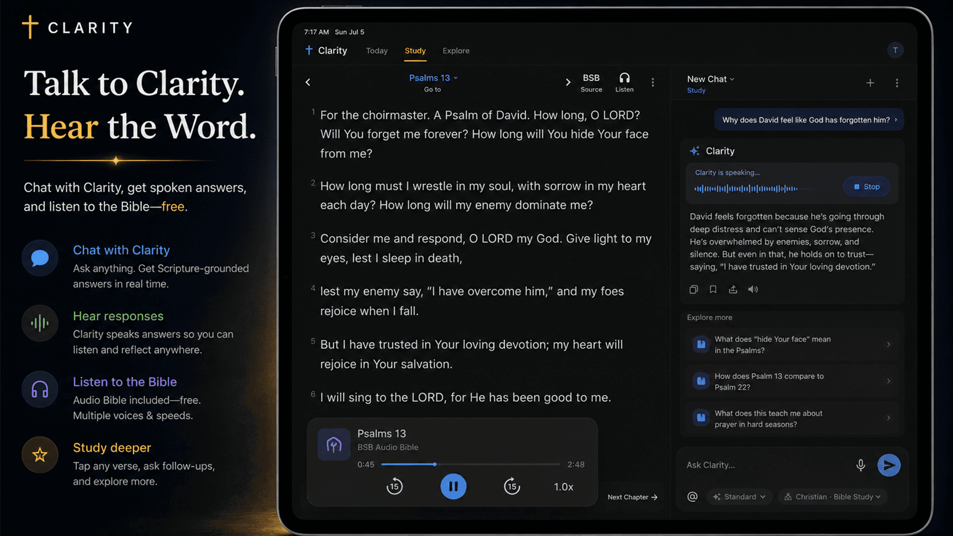 Clarity Bible chat beside Scripture with spoken answer controls and related questions